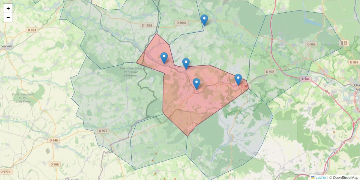 Carte de la zone du code postal  et des codes postaux voisins en France