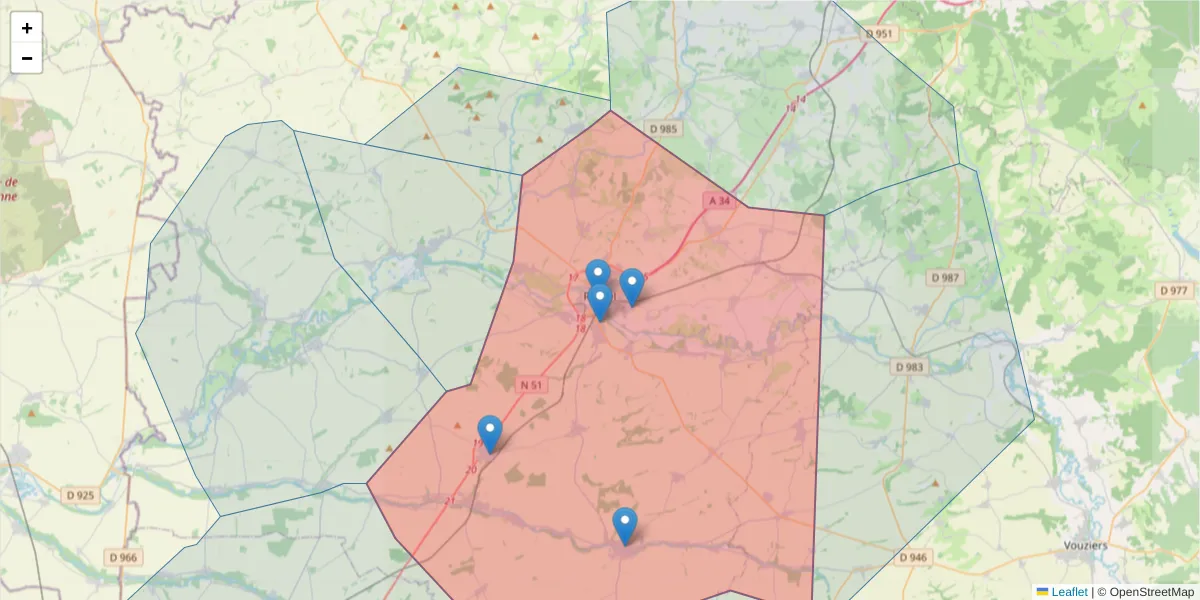 Carte de la zone du code postal  et des codes postaux voisins en France