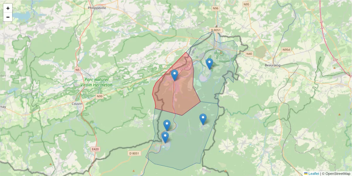 Carte de la zone du code postal  et des codes postaux voisins en France