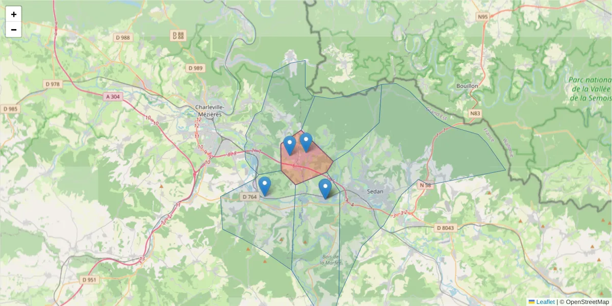 Carte de la zone du code postal  et des codes postaux voisins en France