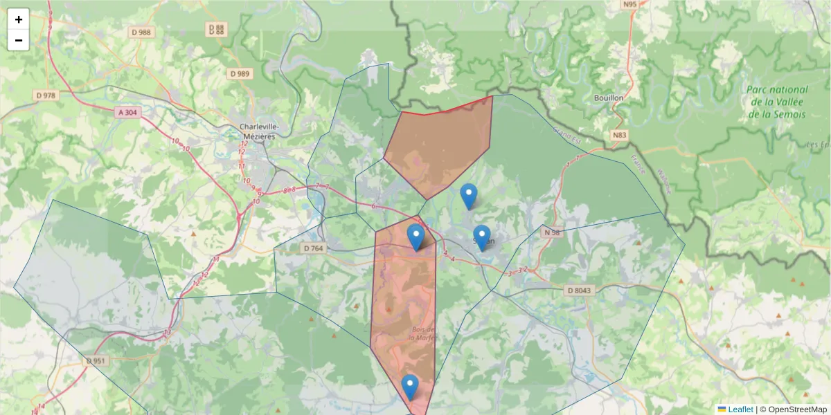 Carte de la zone du code postal  et des codes postaux voisins en France
