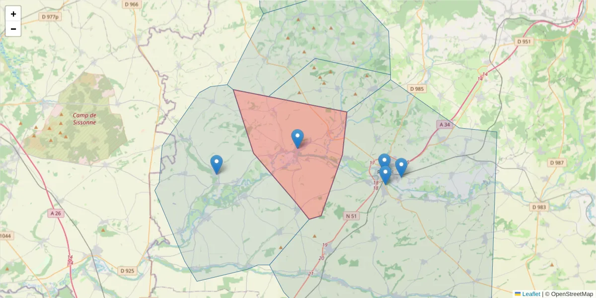 Carte de la zone du code postal  et des codes postaux voisins en France