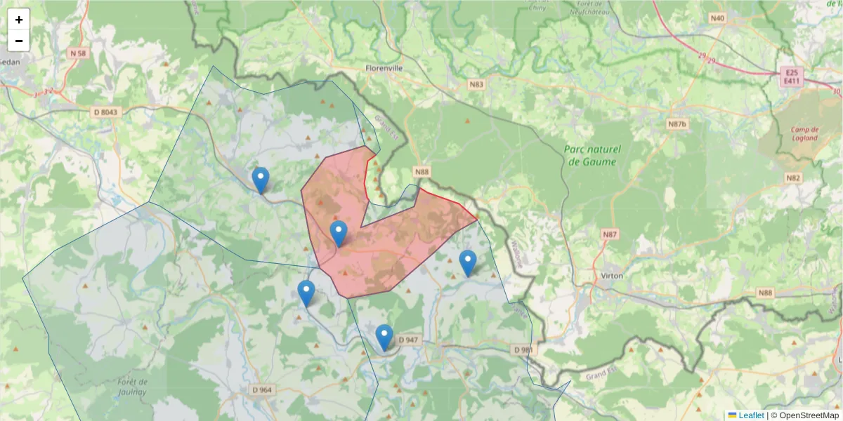 Carte de la zone du code postal  et des codes postaux voisins en France