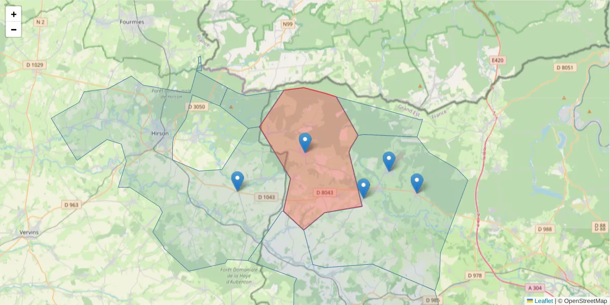 Carte de la zone du code postal  et des codes postaux voisins en France