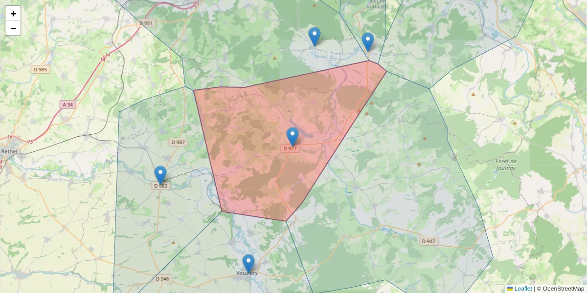 Carte de la zone du code postal  et des codes postaux voisins en France