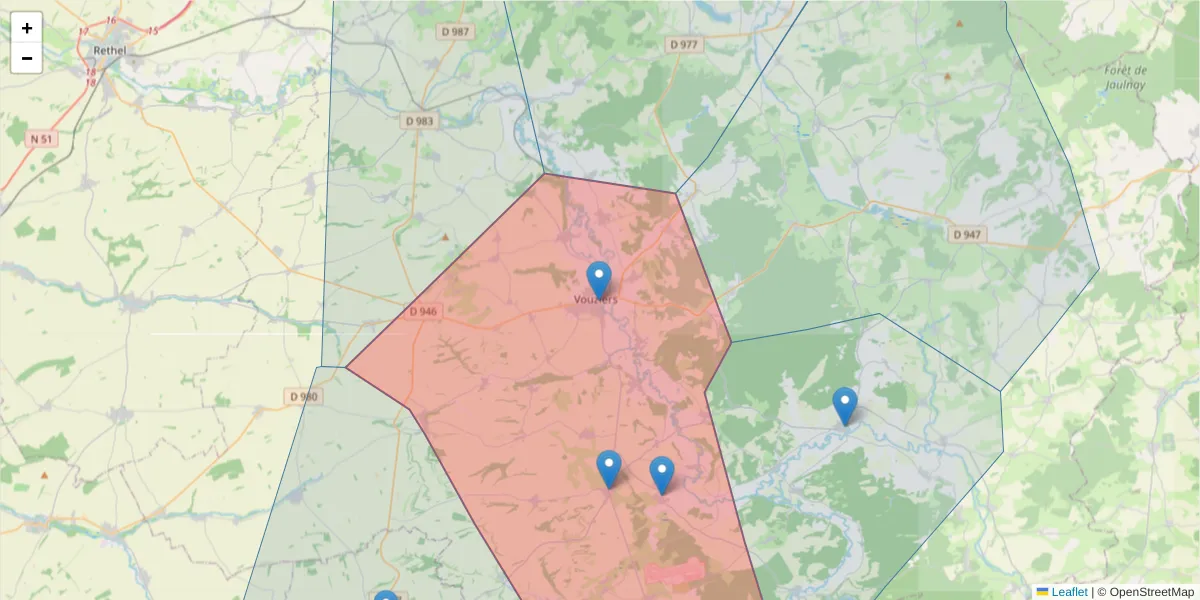 Carte de la zone du code postal  et des codes postaux voisins en France