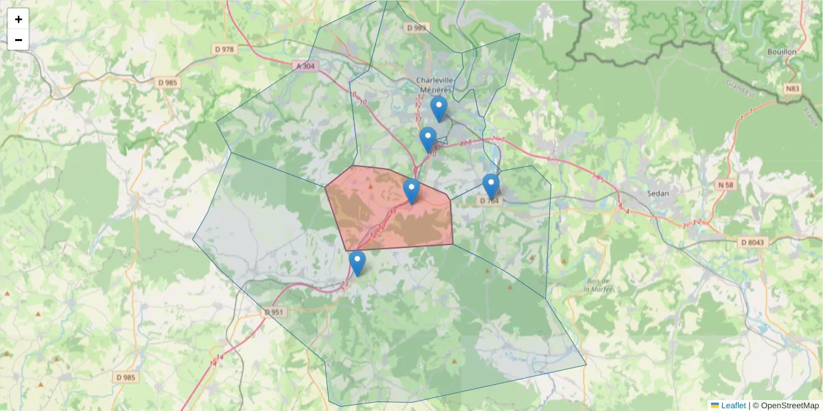 Carte de la zone du code postal  et des codes postaux voisins en France