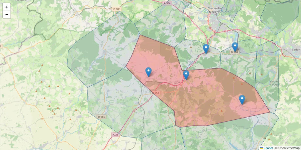 Carte de la zone du code postal  et des codes postaux voisins en France