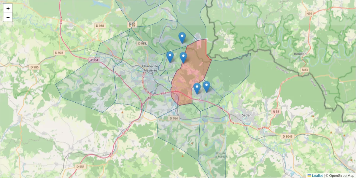 Carte de la zone du code postal  et des codes postaux voisins en France