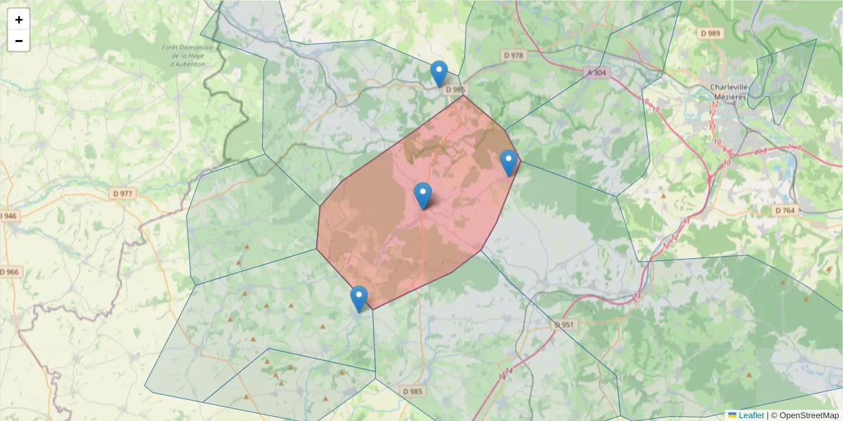 Carte de la zone du code postal  et des codes postaux voisins en France