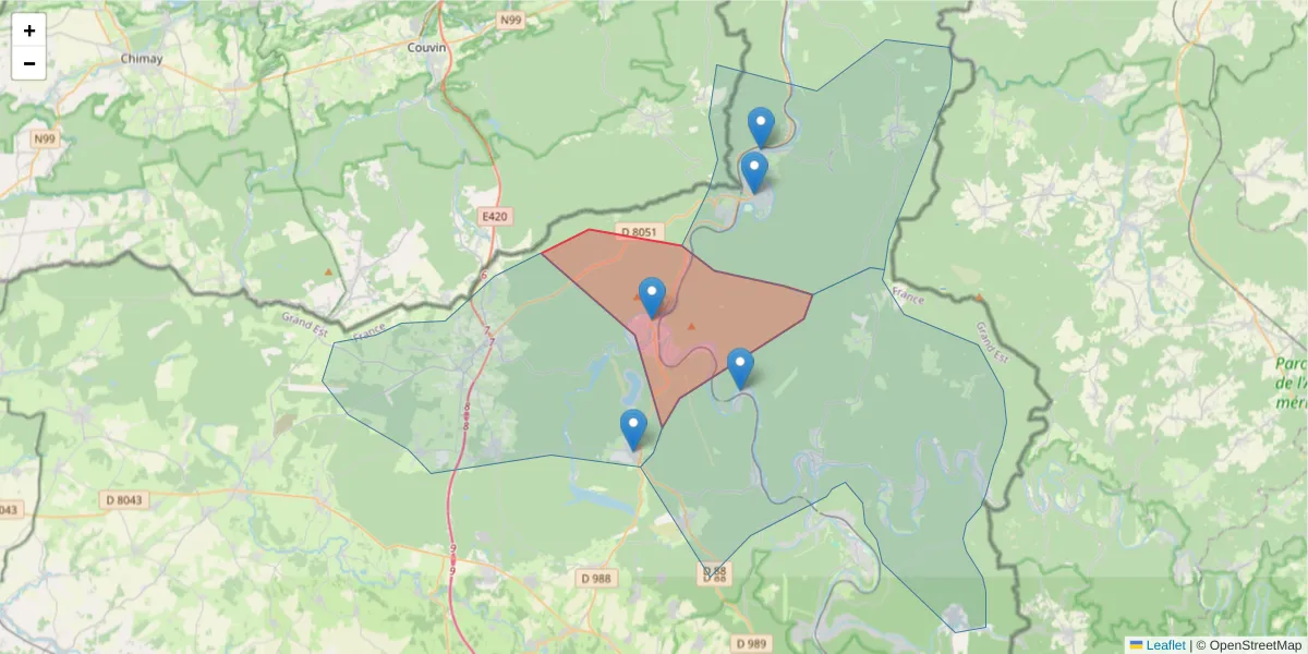 Carte de la zone du code postal  et des codes postaux voisins en France