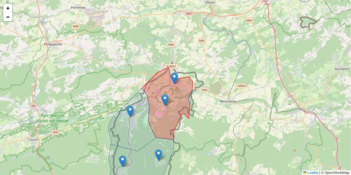 Carte de la zone du code postal  et des codes postaux voisins en France