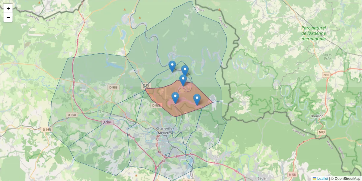 Carte de la zone du code postal  et des codes postaux voisins en France