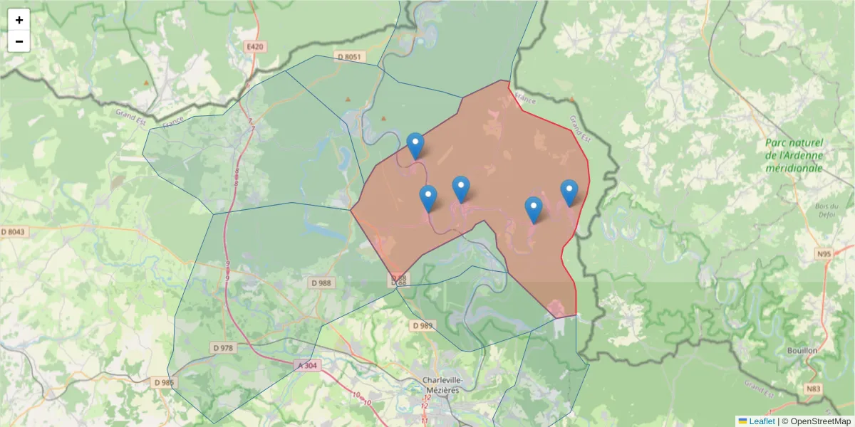Carte de la zone du code postal  et des codes postaux voisins en France