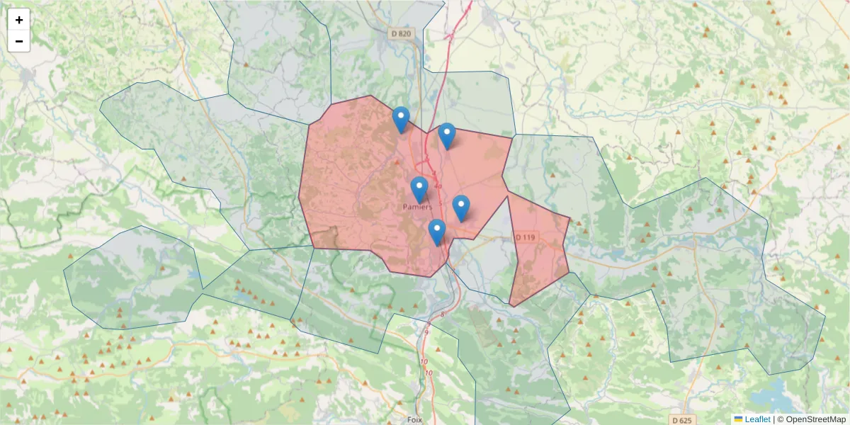 Carte de la zone du code postal  et des codes postaux voisins en France