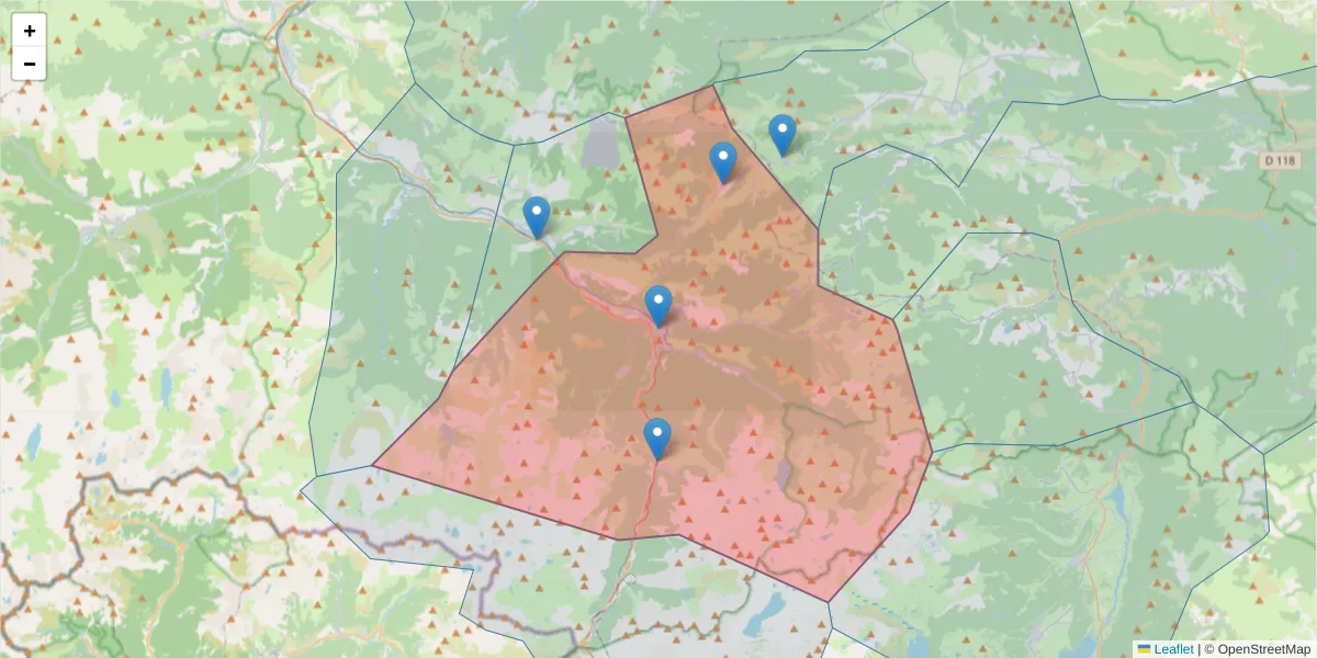 Carte de la zone du code postal  et des codes postaux voisins en France