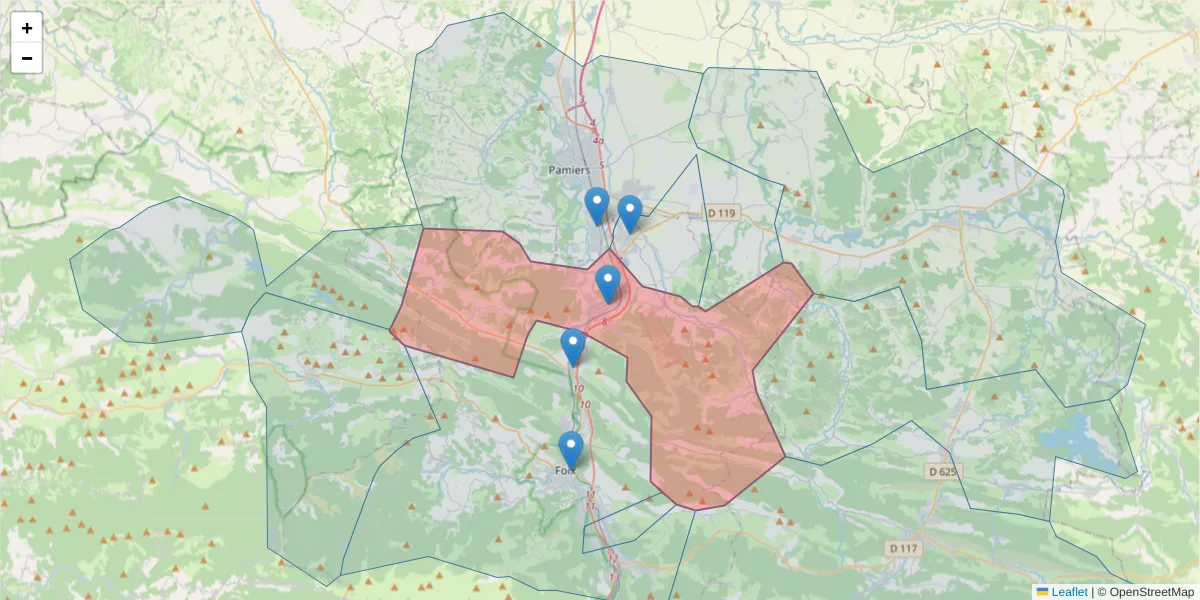 Carte de la zone du code postal  et des codes postaux voisins en France