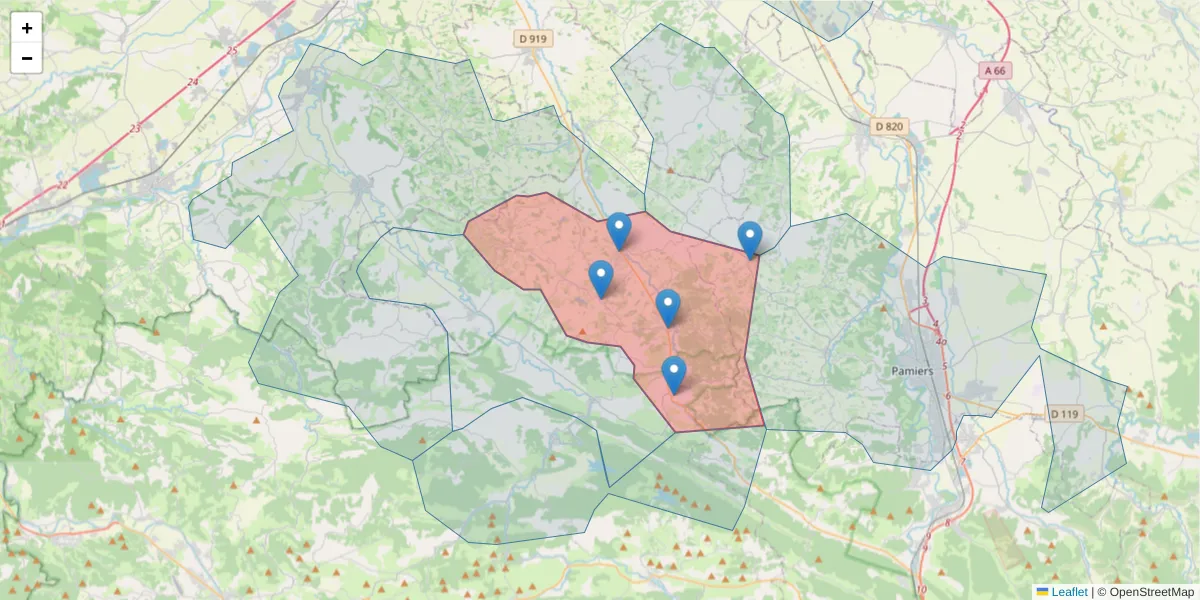 Carte de la zone du code postal  et des codes postaux voisins en France
