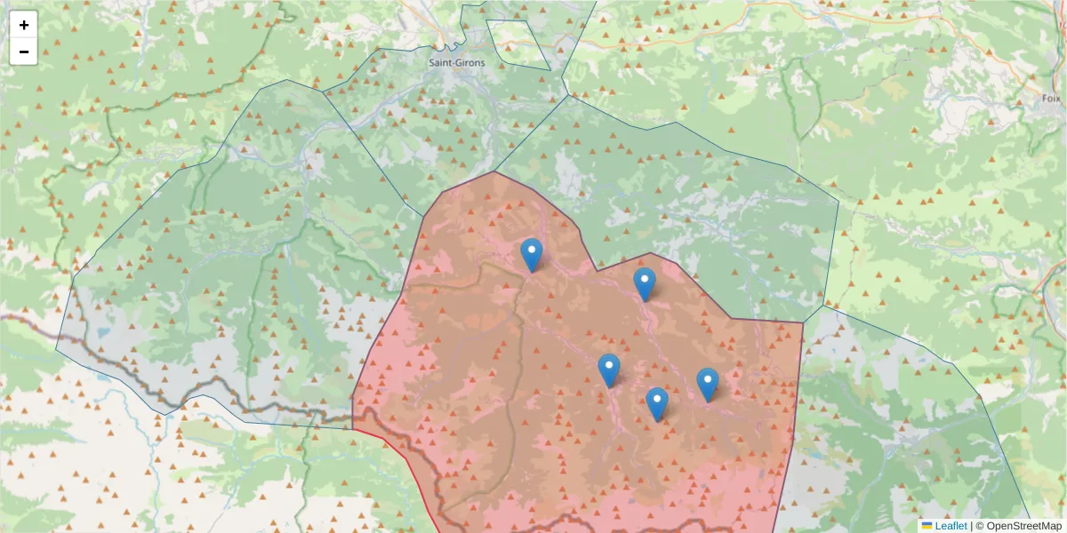 Carte de la zone du code postal  et des codes postaux voisins en France