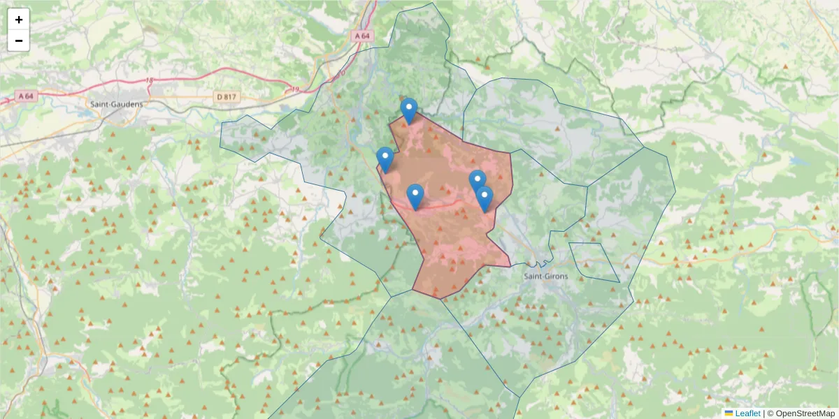 Carte de la zone du code postal  et des codes postaux voisins en France
