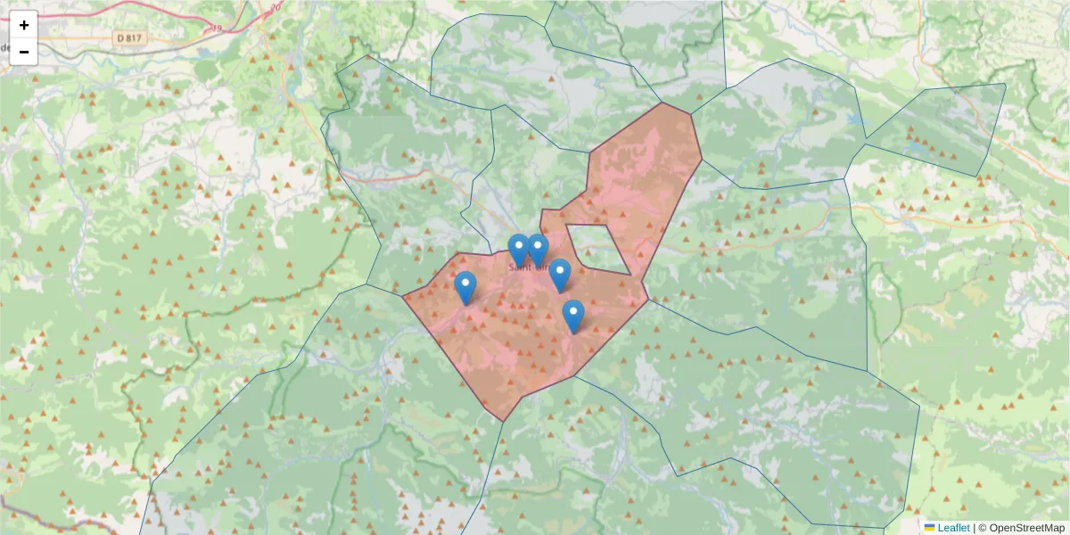 Carte de la zone du code postal  et des codes postaux voisins en France