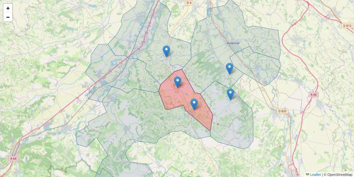 Carte de la zone du code postal  et des codes postaux voisins en France