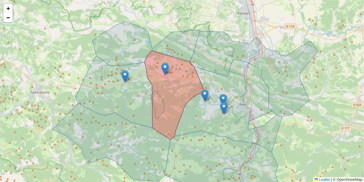 Carte de la zone du code postal  et des codes postaux voisins en France