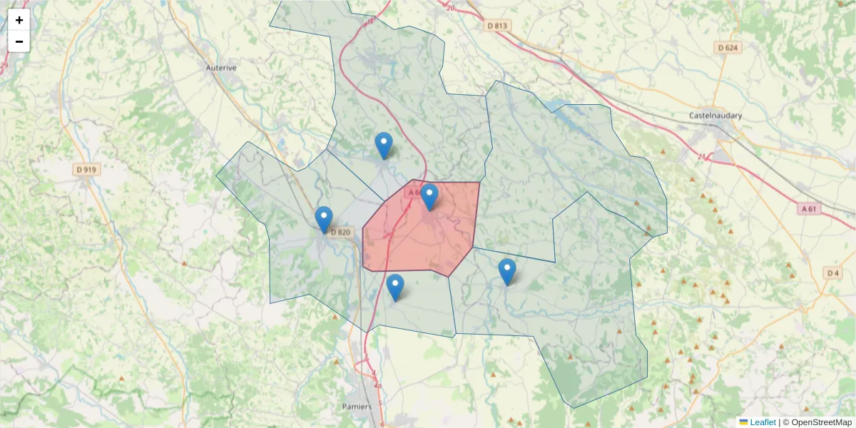 Carte de la zone du code postal  et des codes postaux voisins en France