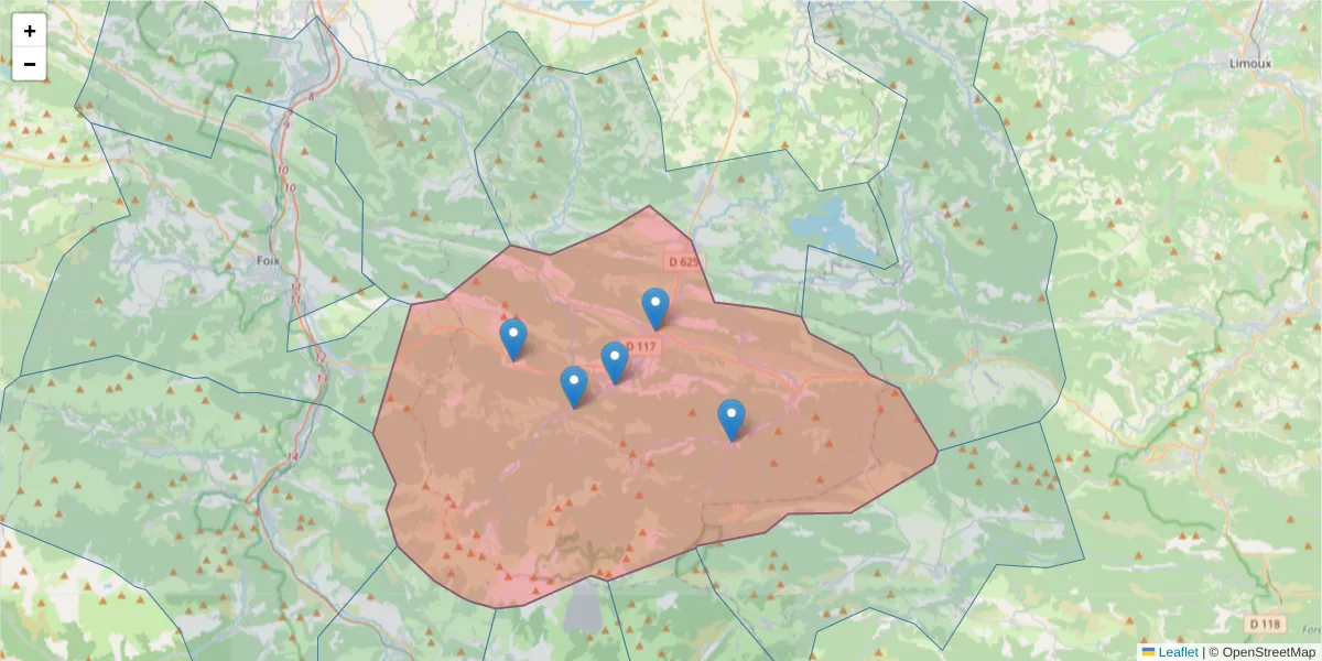 Carte de la zone du code postal  et des codes postaux voisins en France