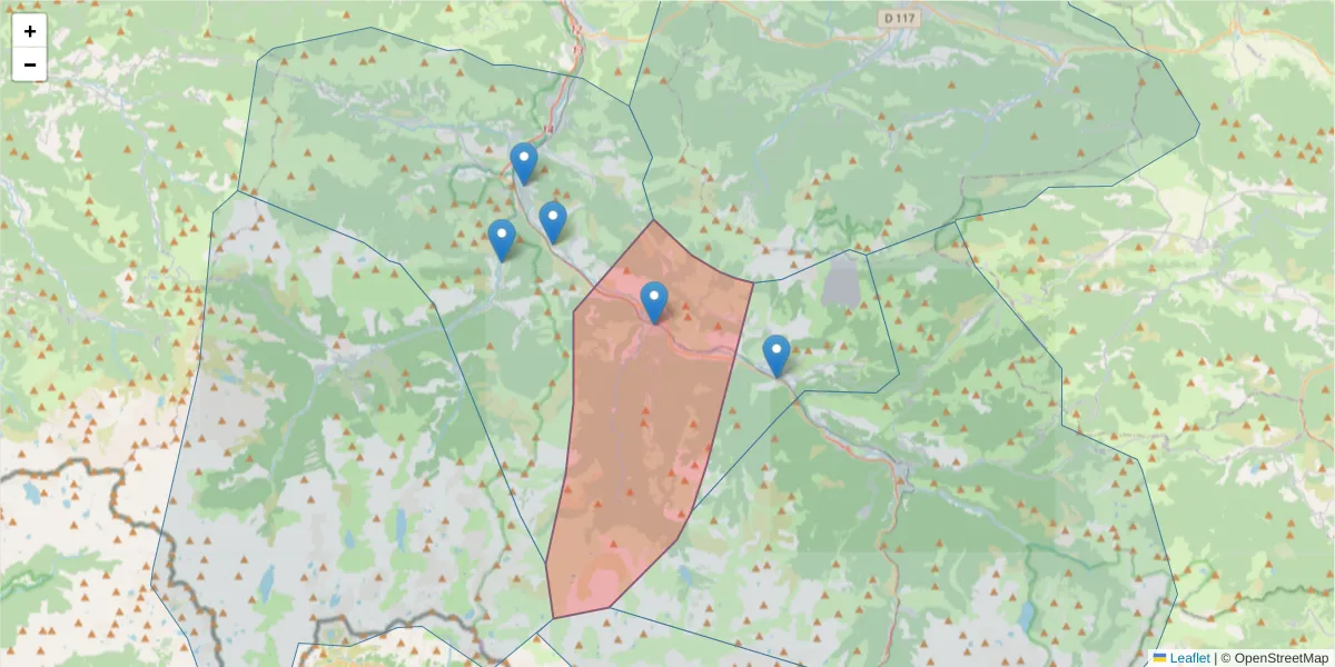 Carte de la zone du code postal  et des codes postaux voisins en France