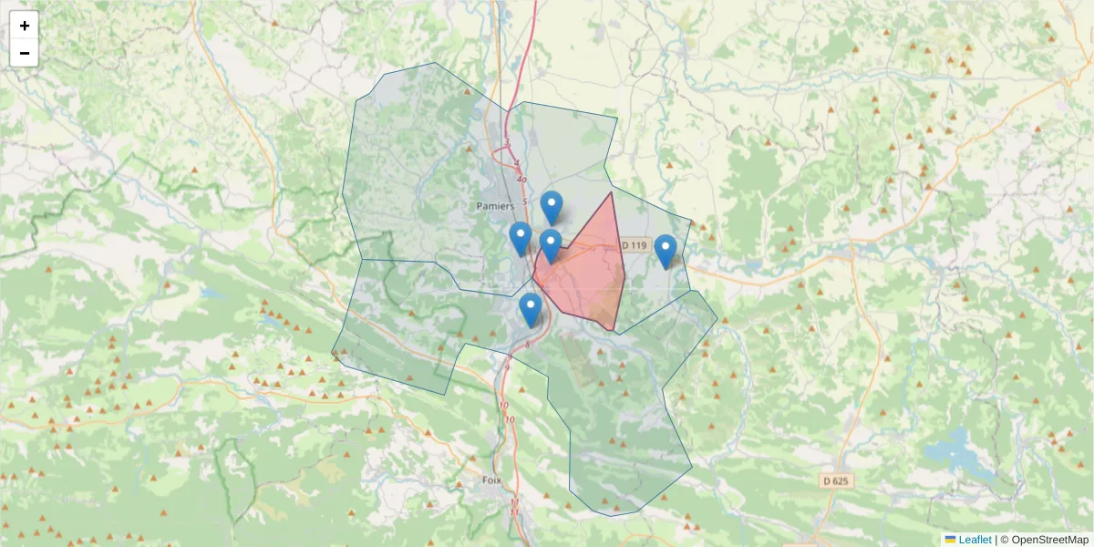 Carte de la zone du code postal  et des codes postaux voisins en France