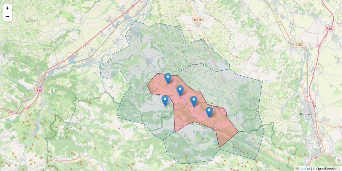 Carte de la zone du code postal  et des codes postaux voisins en France