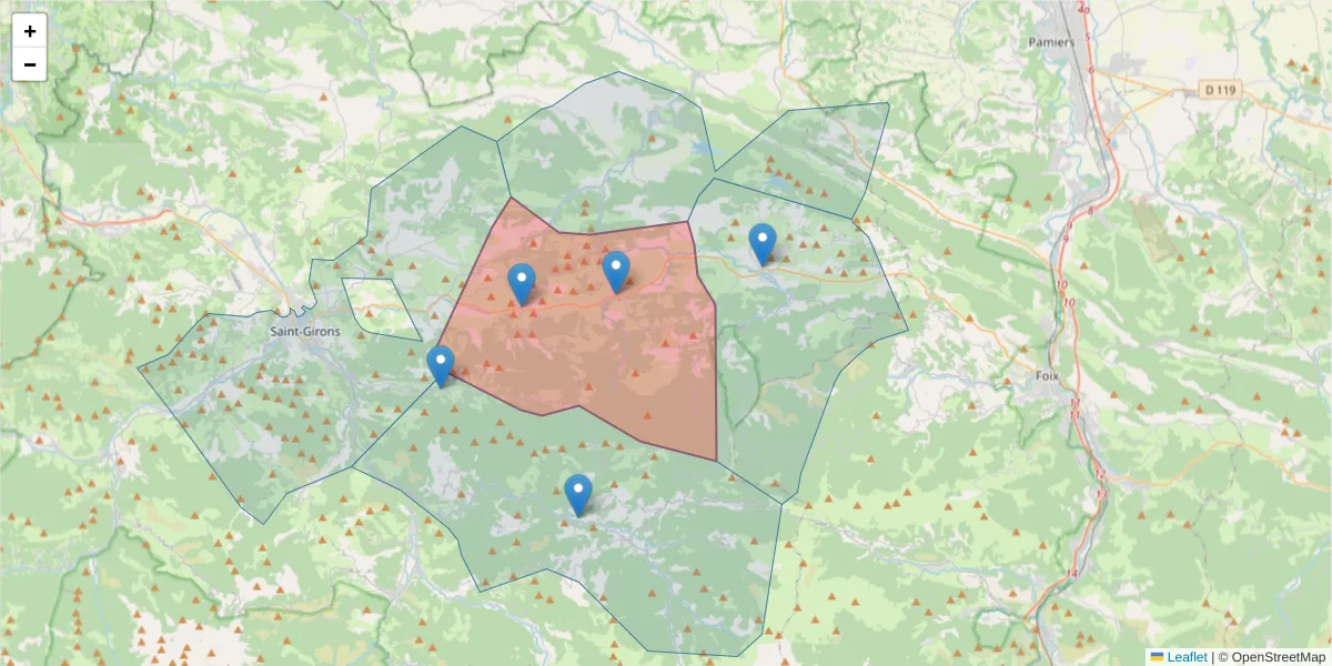 Carte de la zone du code postal  et des codes postaux voisins en France