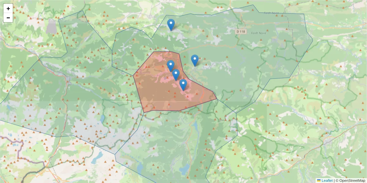 Carte de la zone du code postal  et des codes postaux voisins en France