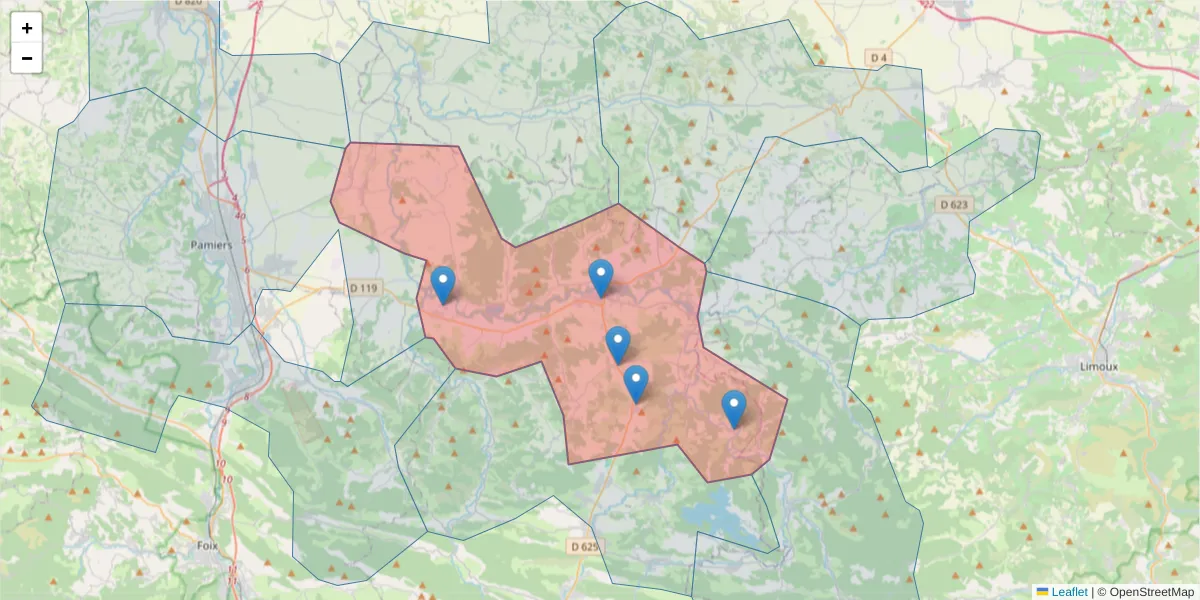 Carte de la zone du code postal  et des codes postaux voisins en France