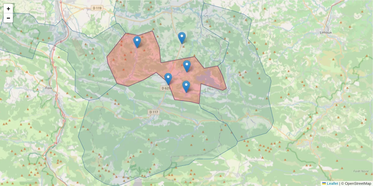 Carte de la zone du code postal  et des codes postaux voisins en France