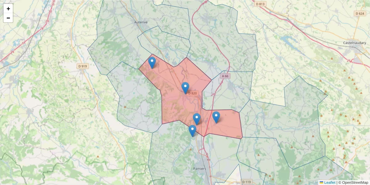 Carte de la zone du code postal  et des codes postaux voisins en France