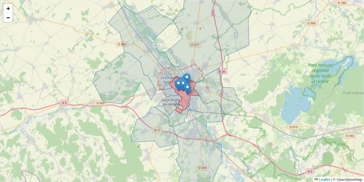Carte de la zone du code postal  et des codes postaux voisins en France