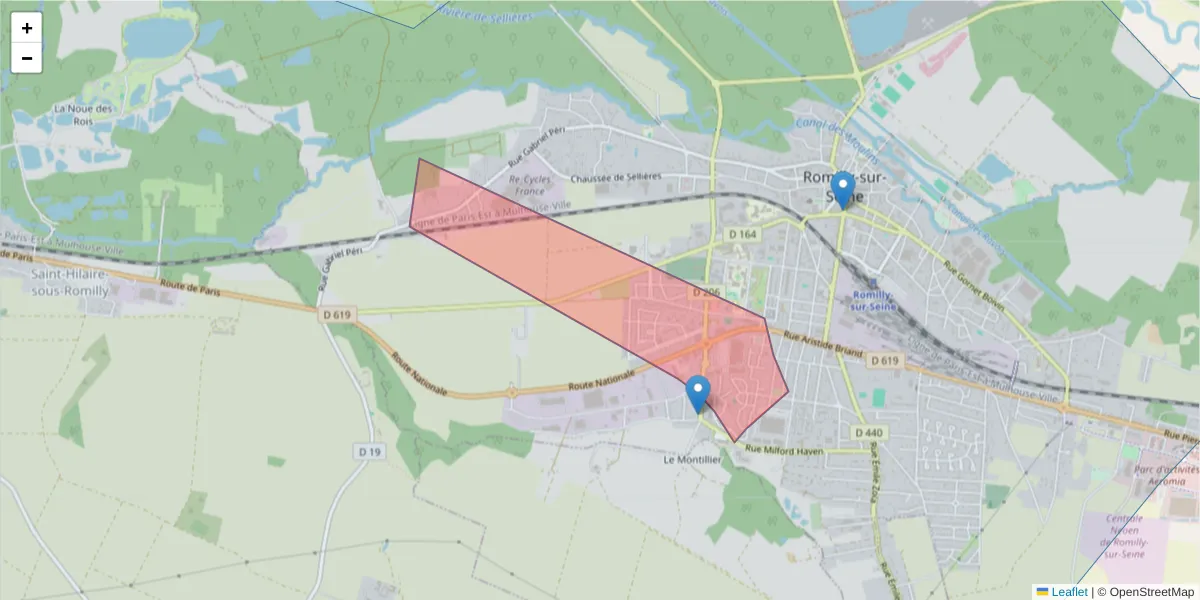 Carte de la zone du code postal  et des codes postaux voisins en France