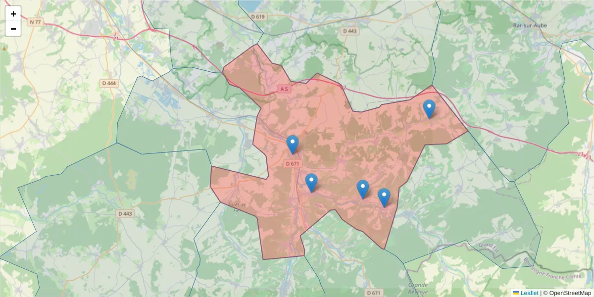 Carte de la zone du code postal  et des codes postaux voisins en France