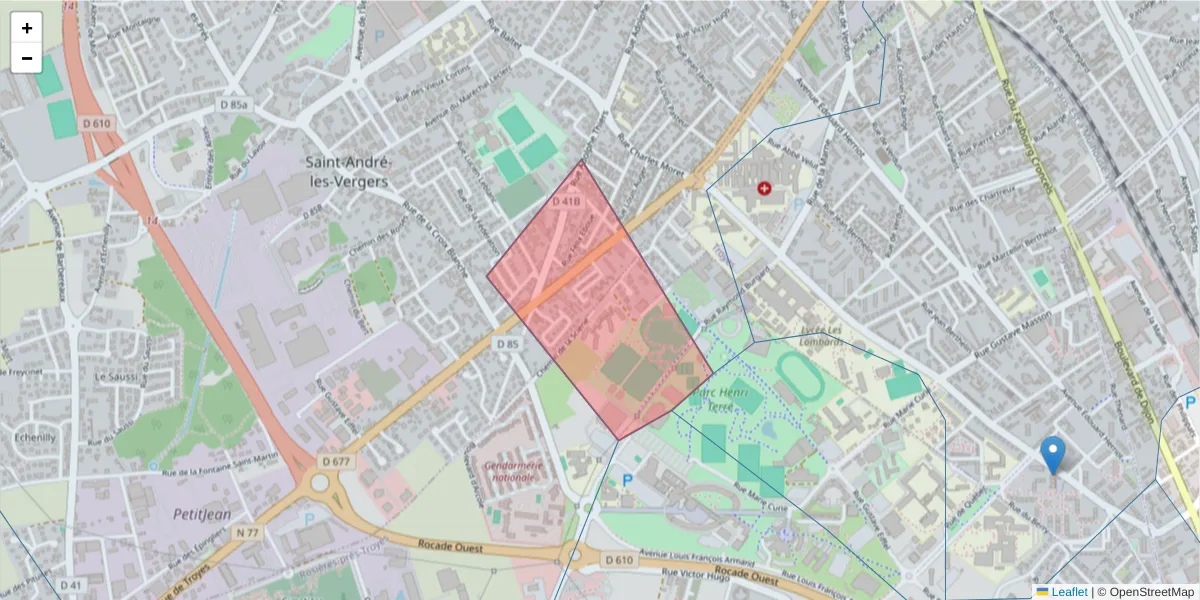 Carte de la zone du code postal  et des codes postaux voisins en France