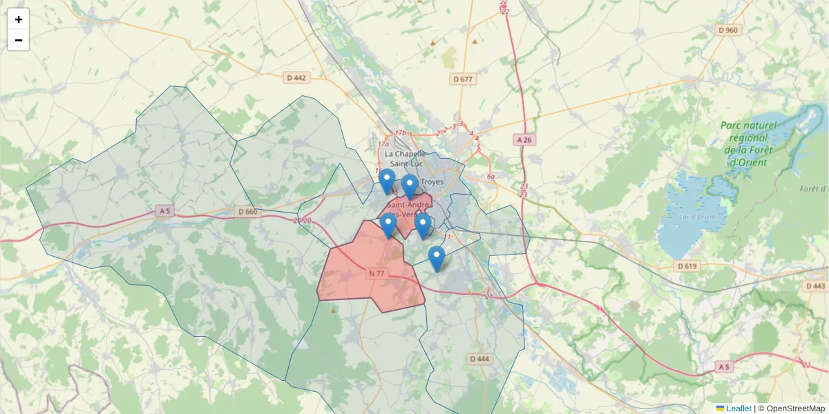 Carte de la zone du code postal  et des codes postaux voisins en France