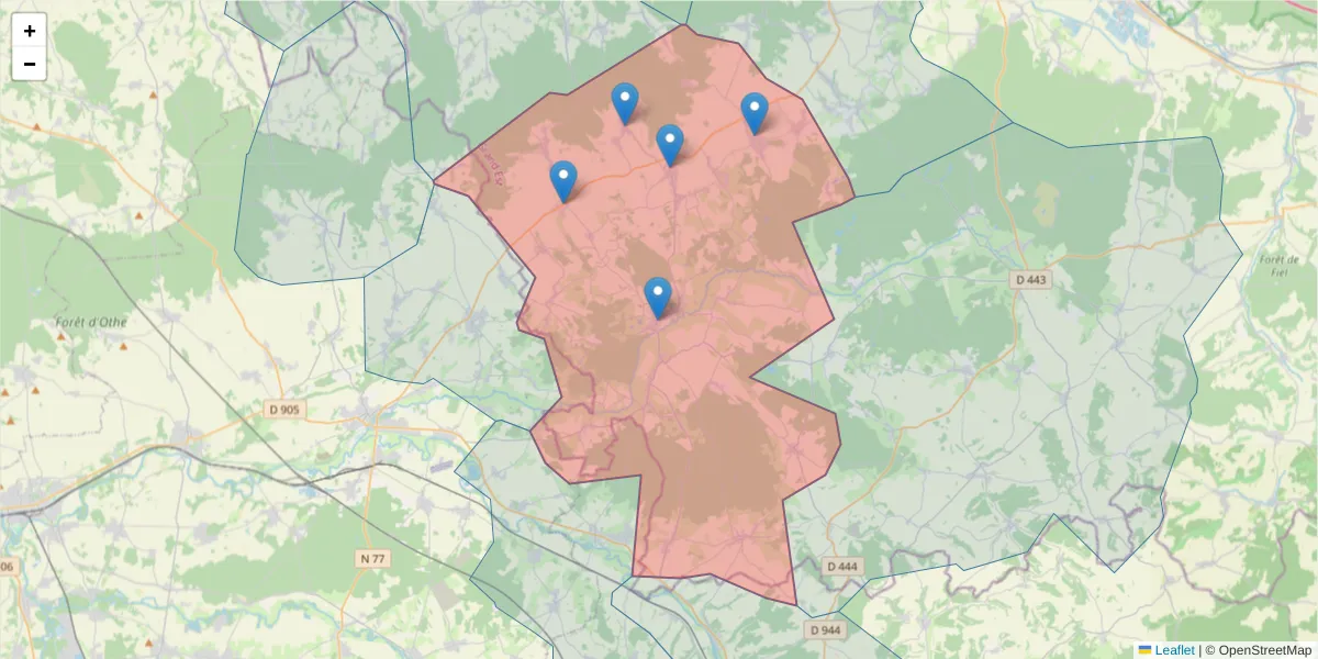 Carte de la zone du code postal  et des codes postaux voisins en France