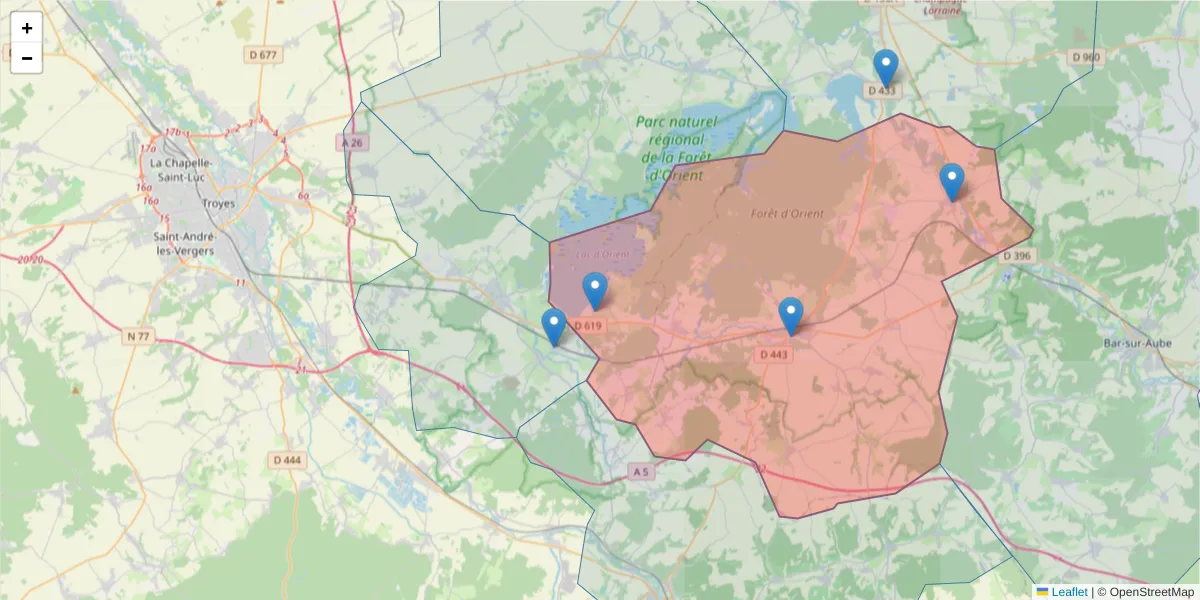 Carte de la zone du code postal  et des codes postaux voisins en France
