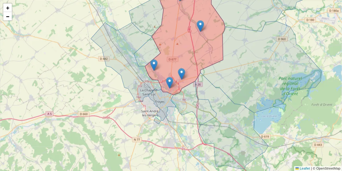 Carte de la zone du code postal  et des codes postaux voisins en France