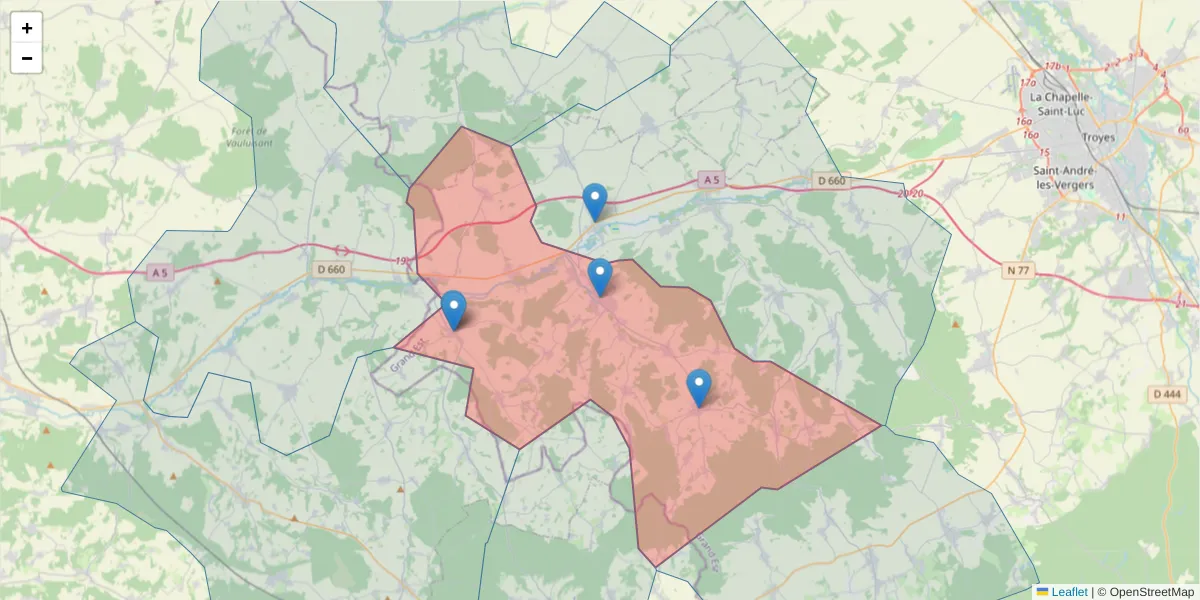 Carte de la zone du code postal  et des codes postaux voisins en France