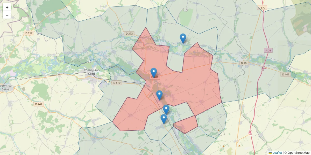 Carte de la zone du code postal  et des codes postaux voisins en France