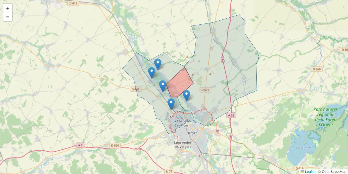 Carte de la zone du code postal  et des codes postaux voisins en France