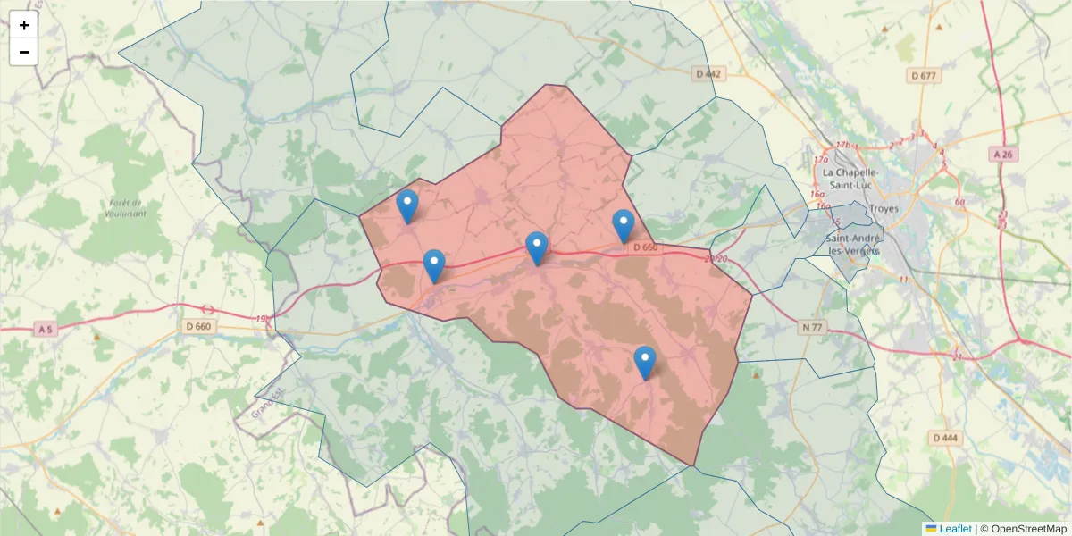 Carte de la zone du code postal  et des codes postaux voisins en France