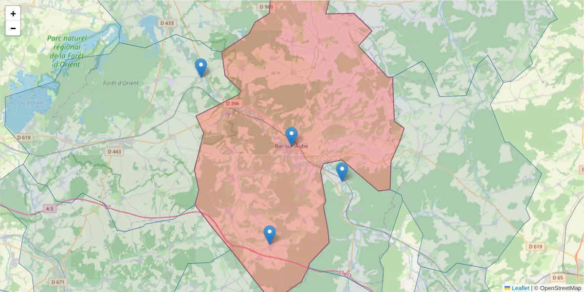 Carte de la zone du code postal  et des codes postaux voisins en France
